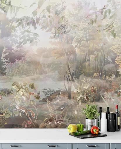 Muted green and brown watercolor forest with forest animals