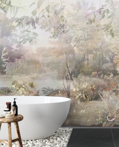 Dempet grønn og brun akvarellskog med skogsdyr