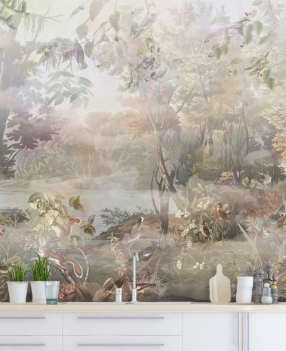 Muted green and brown watercolor forest with forest animals