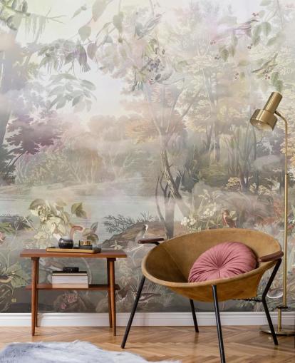 Floresta de aquarela verde e marrom suave com animais da floresta Floresta de aquarela verde e marrom suave com animais da floresta