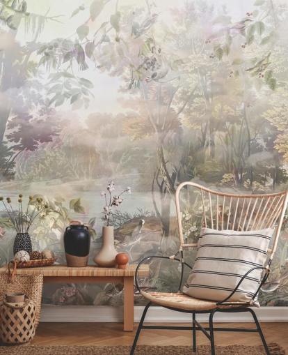 Muted green and brown watercolour forest with forest animals