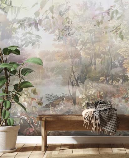 Muted green and brown watercolor forest with forest animals