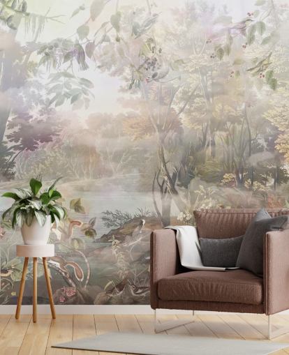 Floresta de aquarela verde e marrom suave com animais da floresta