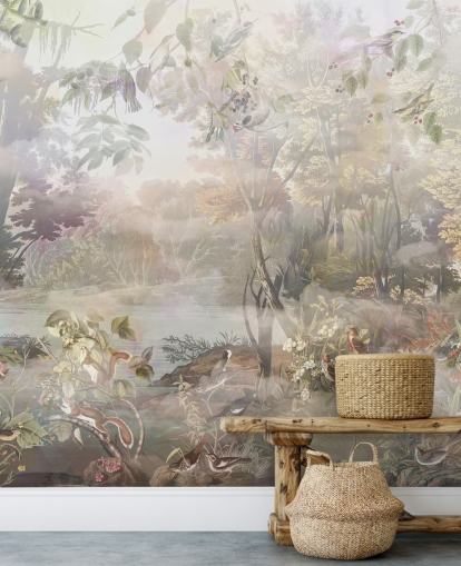 Forêt d'aquarelle verte et brune feutrée avec des animaux de la forêt Forêt d'aquarelle verte et brune feutrée avec des animaux de la forêt