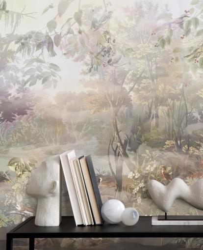 Muted green and brown watercolour forest with forest animals