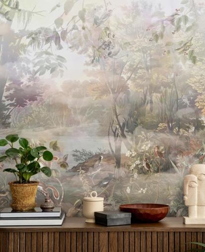 Muted green and brown watercolor forest with forest animals