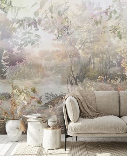 Floresta de aquarela verde e marrom suave com animais da floresta