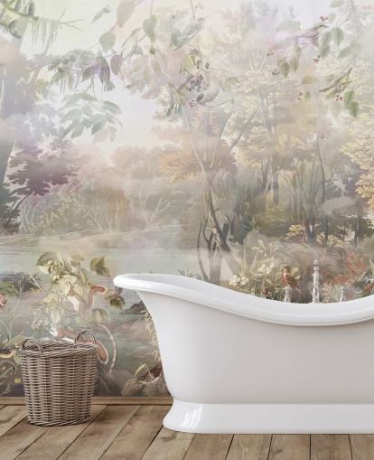 Muted green and brown watercolour forest with forest animals