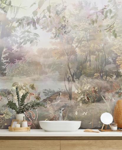 Muted green and brown watercolour forest with forest animals