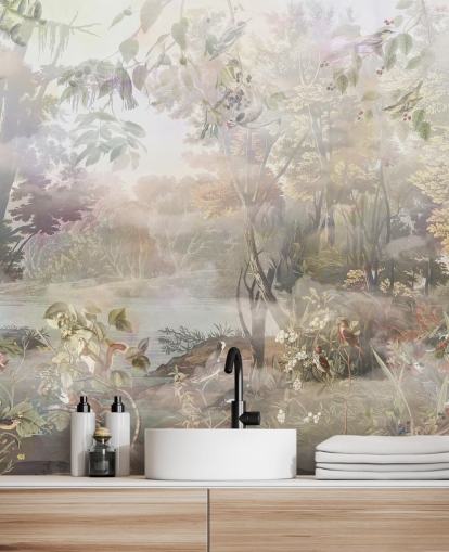 Muted green and brown watercolor forest with forest animals