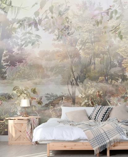 Muted green and brown watercolour forest with forest animals