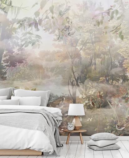 Floresta de aquarela verde e marrom suave com animais da floresta