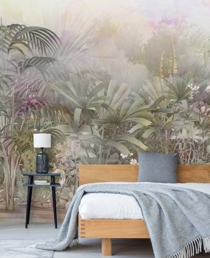 Green tropical trees with purple and white plants 