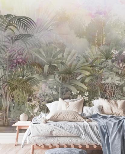 Árboles tropicales verdes con plantas moradas y blancas 