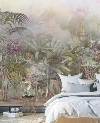 Green tropical trees with purple and white plants 