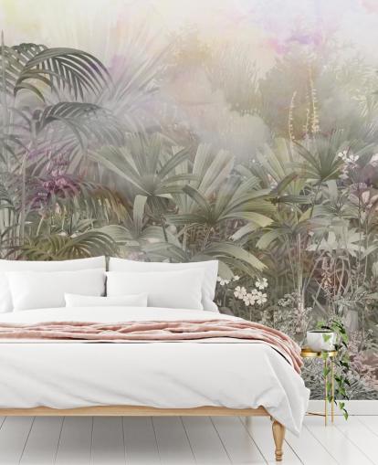 Árboles tropicales verdes con plantas moradas y blancas 