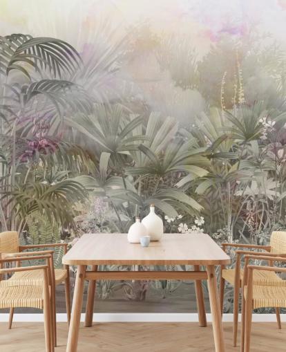 Green tropical trees with purple and white plants 