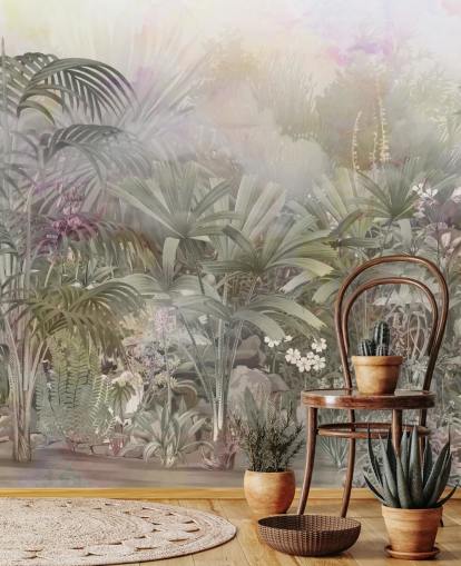 Green tropical trees with purple and white plants Green tropical trees with purple and white plants