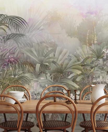 Green tropical trees with purple and white plants 