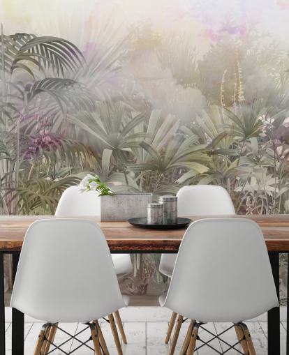 Green tropical trees with purple and white plants 