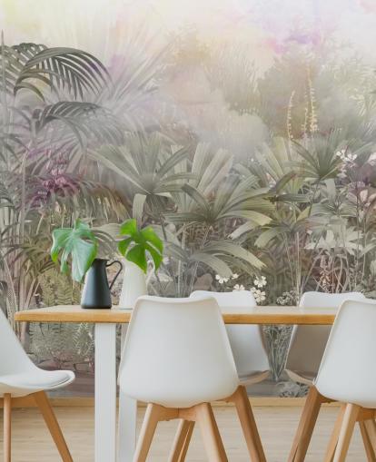 Green tropical trees with purple and white plants 