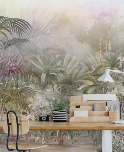 Árboles tropicales verdes con plantas moradas y blancas 