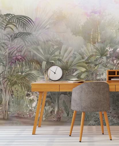 Arbres tropicaux verts aux plantes violettes et blanches 