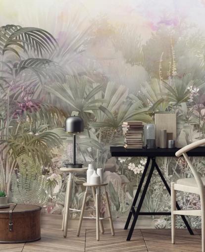 Árboles tropicales verdes con plantas moradas y blancas 