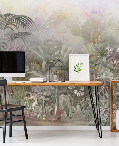 Arbres tropicaux verts aux plantes violettes et blanches 