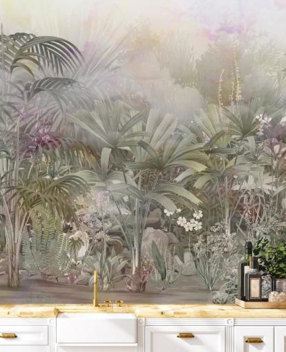 Arbres tropicaux verts aux plantes violettes et blanches 