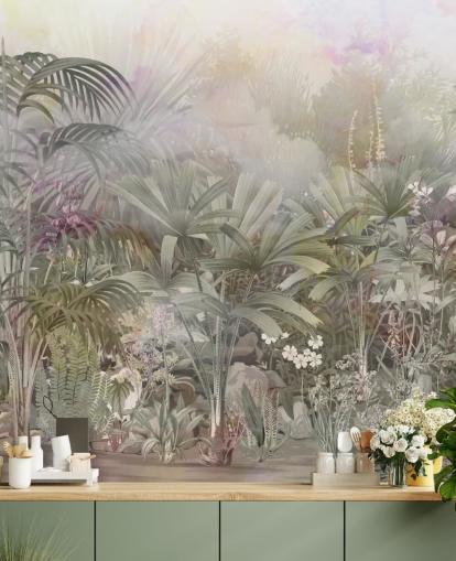 Alberi tropicali verdi con piante viola e bianche 