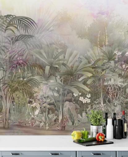 Árboles tropicales verdes con plantas moradas y blancas 