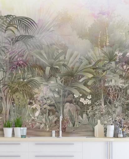 árvores tropicais verdes com plantas roxas e brancas 