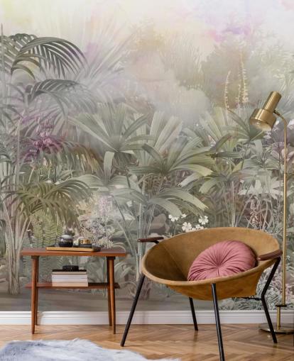 Alberi tropicali verdi con piante viola e bianche 