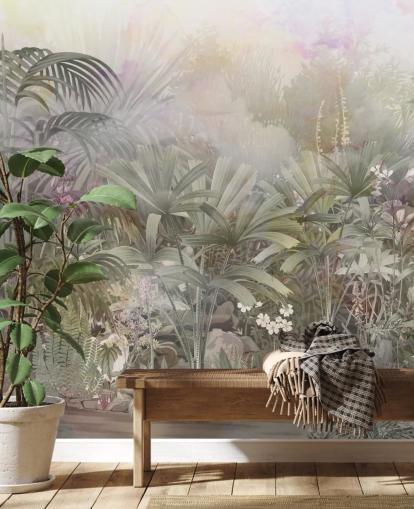 Árboles tropicales verdes con plantas moradas y blancas 
