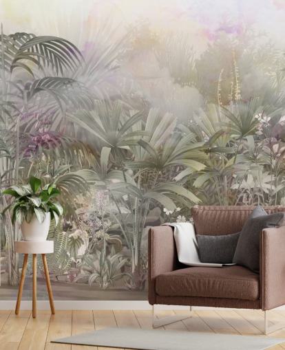 Árboles tropicales verdes con plantas moradas y blancas 