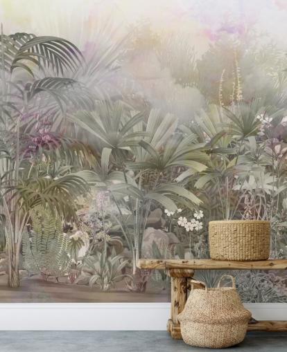 Green tropical trees with purple and white plants Green tropical trees with purple and white plants