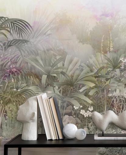 Alberi tropicali verdi con piante viola e bianche 