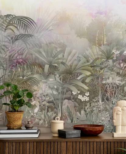 Green tropical trees with purple and white plants 