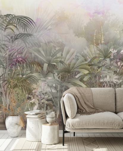 Green tropical trees with purple and white plants Green tropical trees with purple and white plants