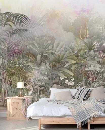 Green tropical trees with purple and white plants 