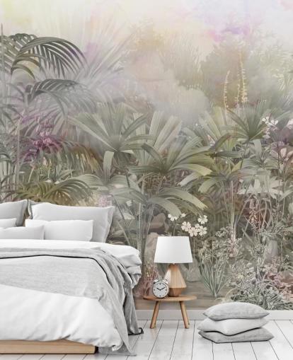 Groene tropische bomen met paarse en witte planten 