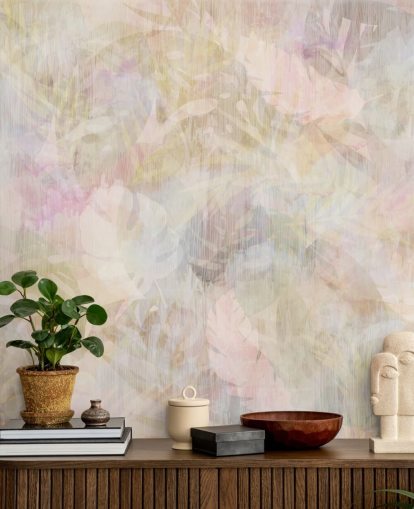 Disegno ad acquerello beige e viola con alberi sbiaditi viola e verdi