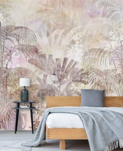 Sfondo beige con sagome di alberi sbiadite e alberi viola più scuro in primo piano