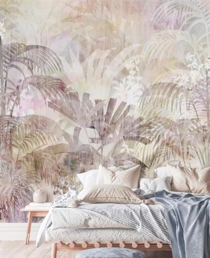 Fondo beige con siluetas de árboles descoloridas y árboles morados más oscuros en primer plano Fondo beige con siluetas de árboles descoloridas y árboles morados más oscuros en primer plano