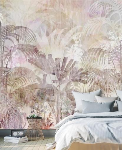 Fond beige avec des silhouettes d'arbres décolorées et des arbres violets plus foncés au premier plan