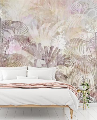 Fondo beige con siluetas de árboles descoloridas y árboles morados más oscuros en primer plano