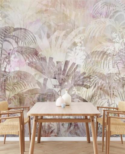 Sfondo beige con sagome di alberi sbiadite e alberi viola più scuro in primo piano