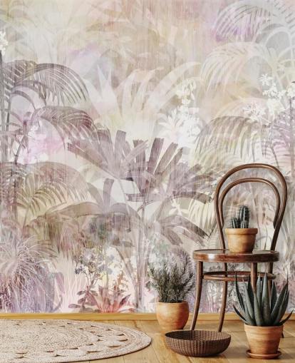 Sfondo beige con sagome di alberi sbiadite e alberi viola più scuro in primo piano