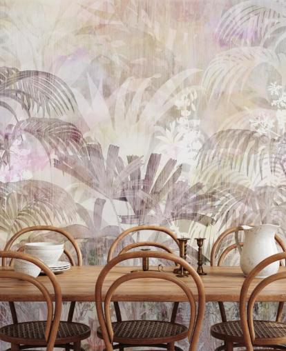 Fondo beige con siluetas de árboles descoloridas y árboles morados más oscuros en primer plano